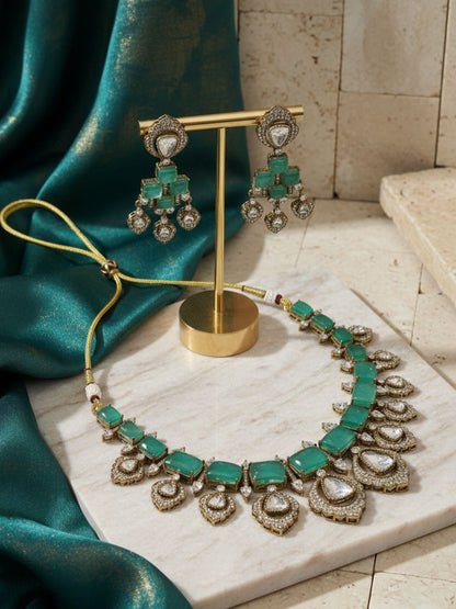 Ishhaara Green Moissanite Polki Necklace Set