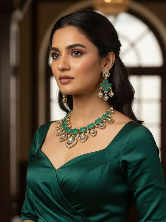 Ishhaara Green Moissanite Polki Necklace Set