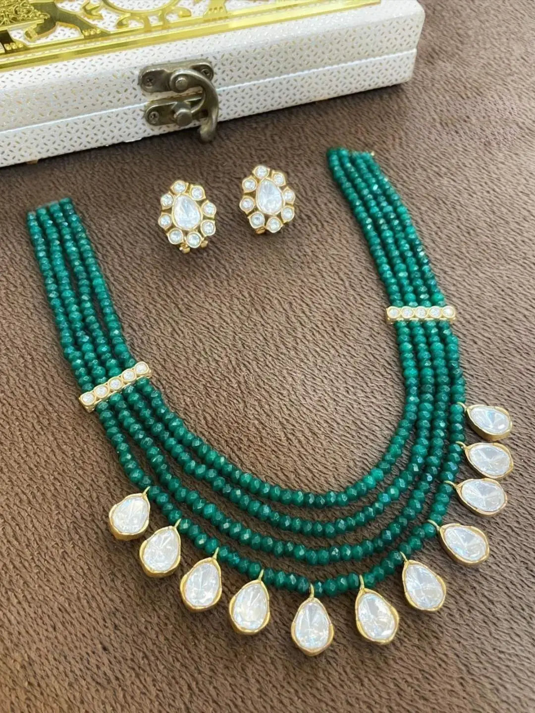 Ishhaara Green Moissanite Polki Premium Layered Necklace