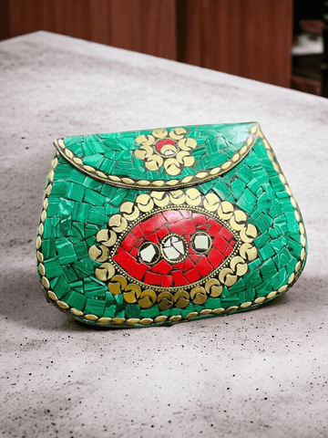 Ishhaara Green Mosaic Stone Metal Clutch