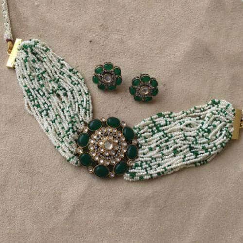 Ishhaara Green Moti Colored Round Patch Choker And Earring Set