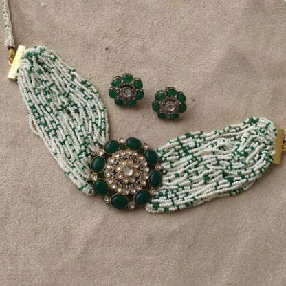 Ishhaara Moti Colored Round Patch Choker And Earring Set