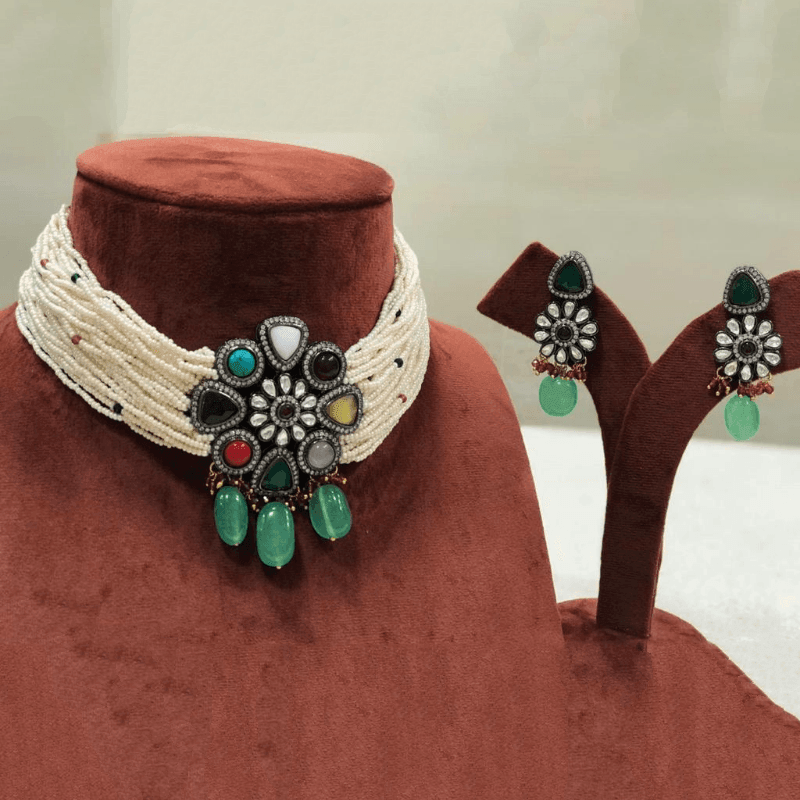 Ishhaara Multi Color Moti Pendant Choker Set