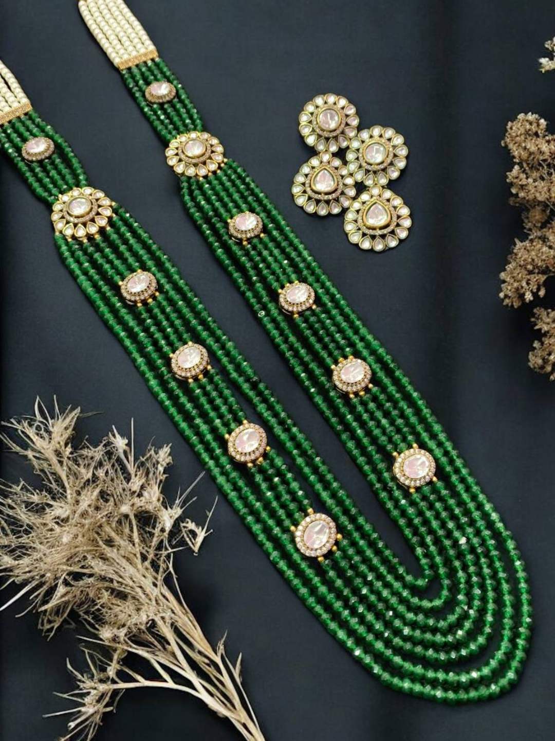 Ishhaara Green Multi Layered Beaded Kundan Polki Long Necklace