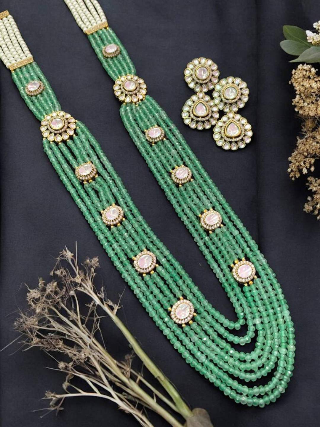 Ishhaara Green Multi Layered Beaded Kundan Polki Long Necklace