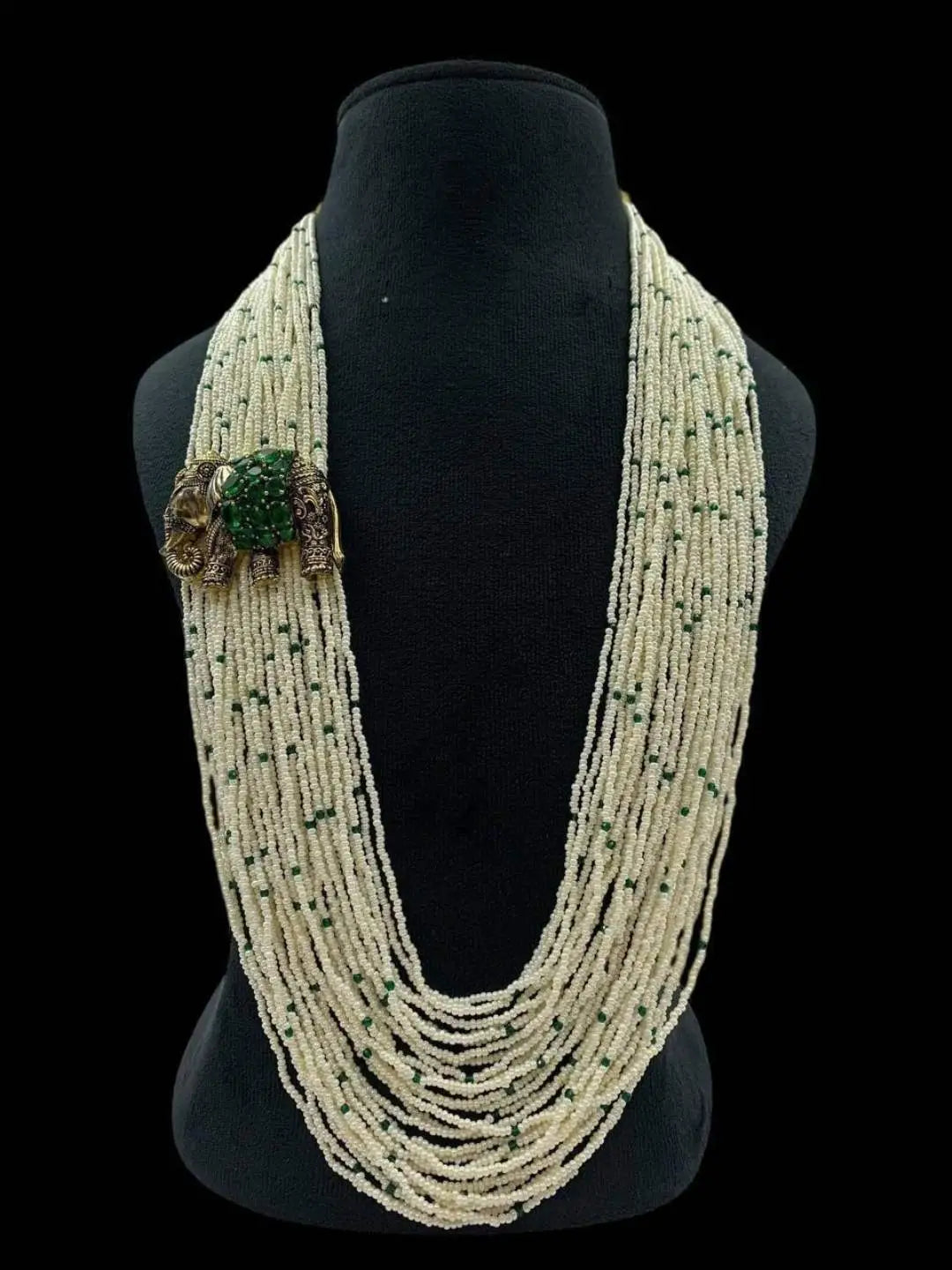 Ishhaara Green Multi Layered Faux Pearl Beads Long Necklace