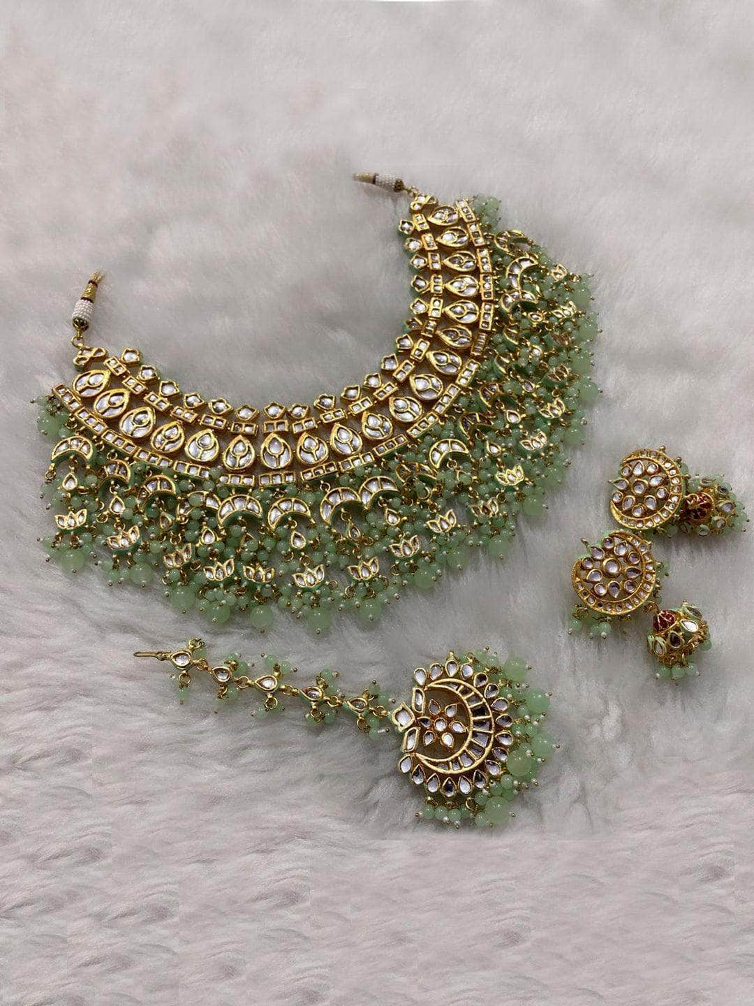 Ishhaara Green Multi Snap Chand Bridal Necklace Earring And Teeka Set