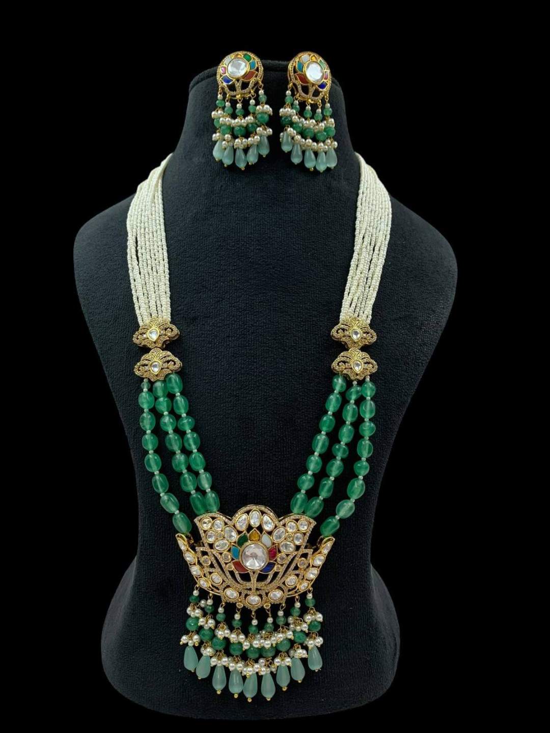 Ishhaara Green Multi Strand Kundan Raani Haar Necklace
