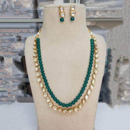 Ishhaara Green One Line Kundan Beads Chain And Earring Set