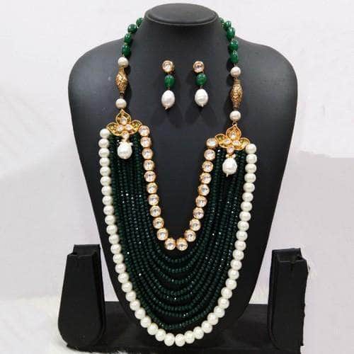 Ishhaara Green Onex And Moti Layered Long Necklace Set