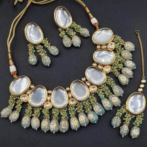 Ishhaara Green Oval Shaped Big Stone AD Choker Necklace Set