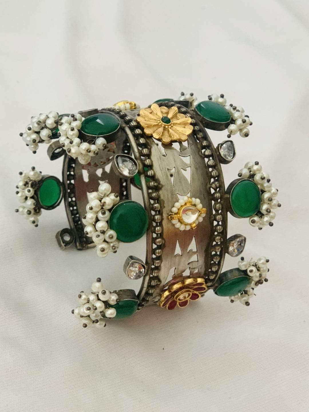 Ishhaara Green Oxidised Pearl Hand Cuff