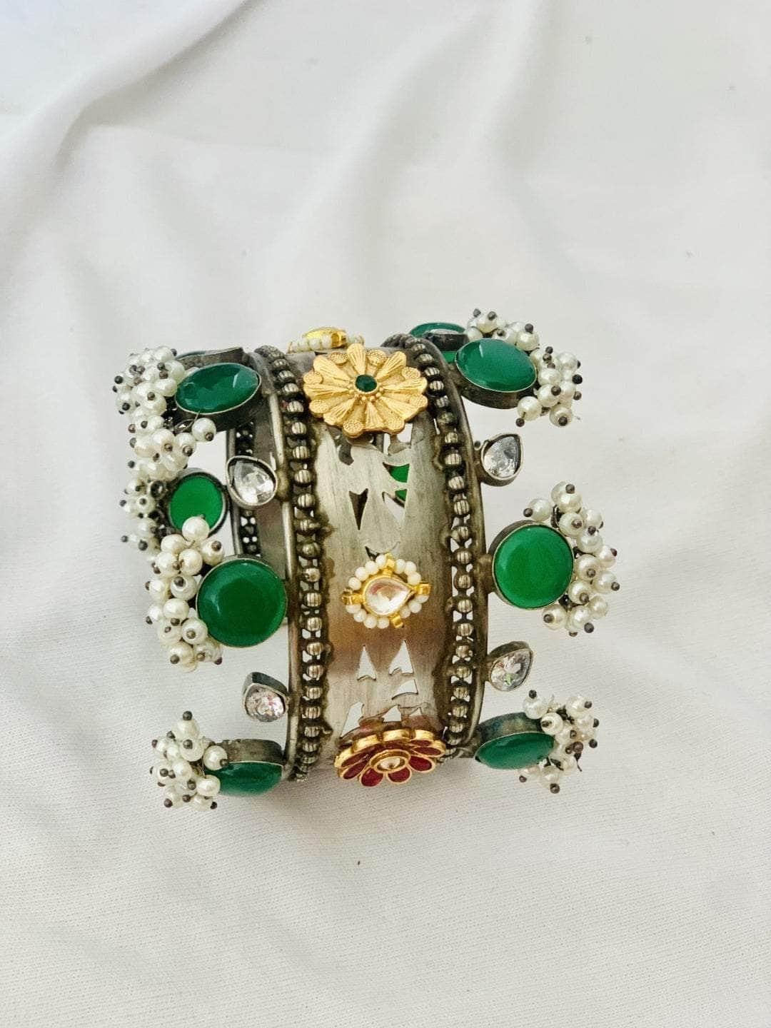 Ishhaara Green Oxidised Pearl Hand Cuff