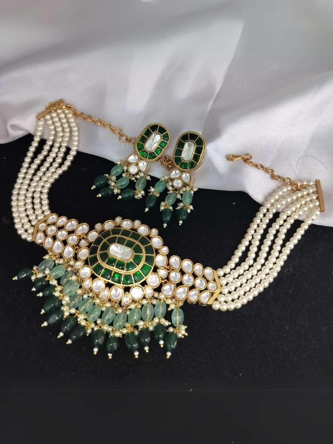 Ishhaara Green Pachi Kundan Pearl Studded Choker Necklace