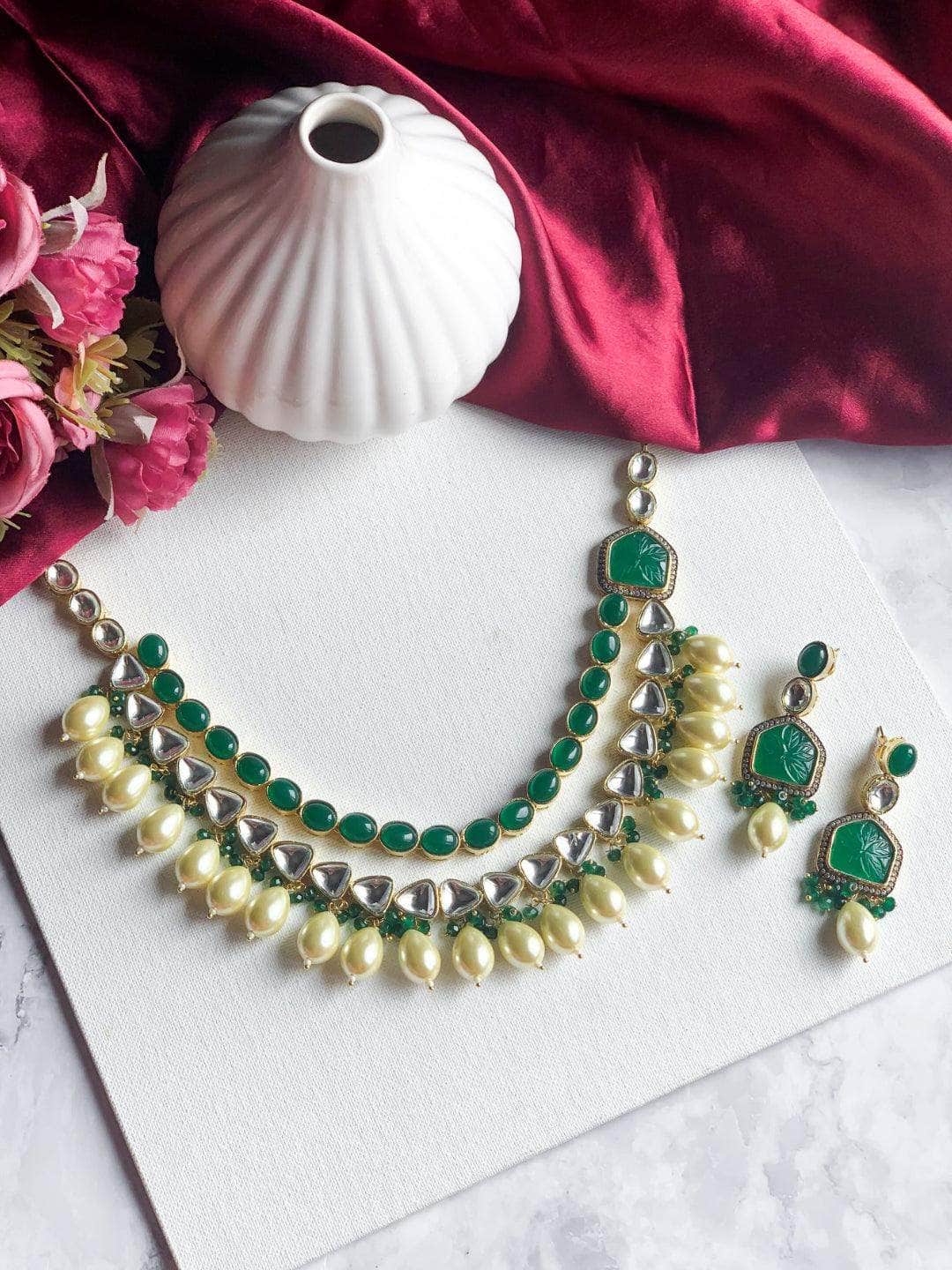 Ishhaara Green Patchi Kundan 2 Line Baroque Pearl Necklace