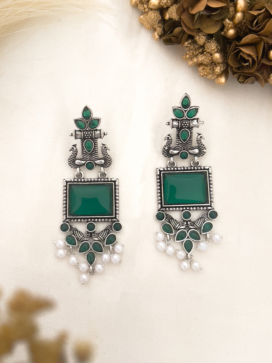 Ishhaara Green Peacock Silver Oxidised Earring