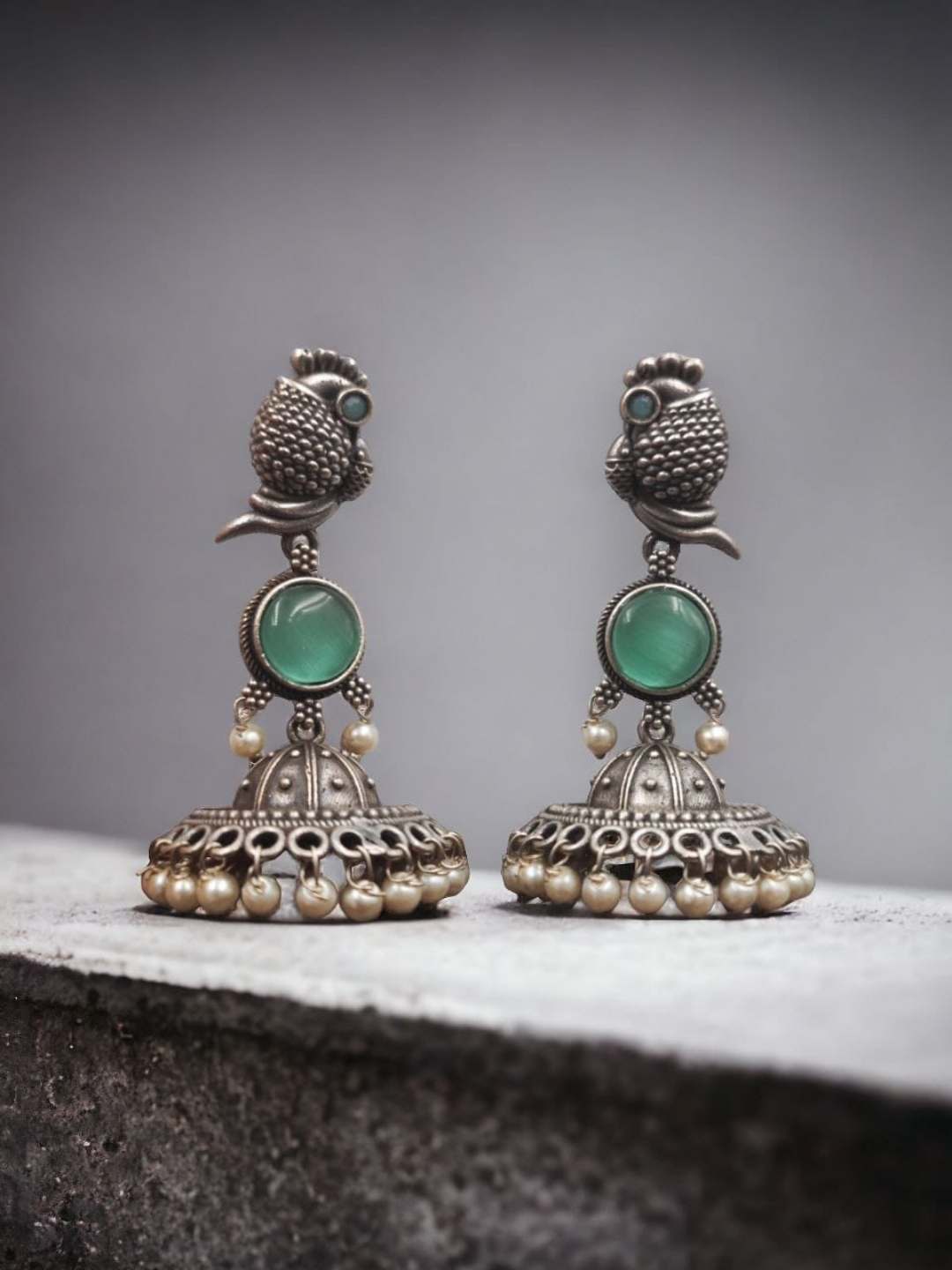 Ishhaara Pink Peacock Silver Oxidised Traditional Jhumka Earings