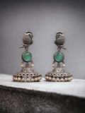 Ishhaara Green Peacock Silver Oxidised Traditional Jhumka Earings