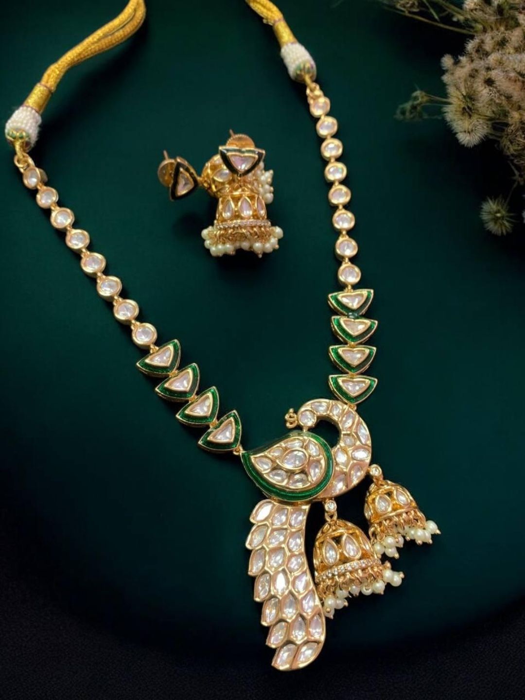 Ishhaara Green Peacock Studded Polki Pendant Necklace