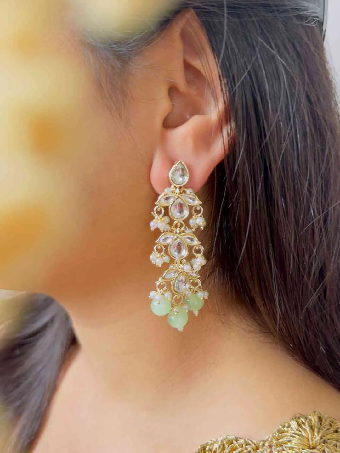 Ishhaara Green Pearl Beaded Kundan Earrings