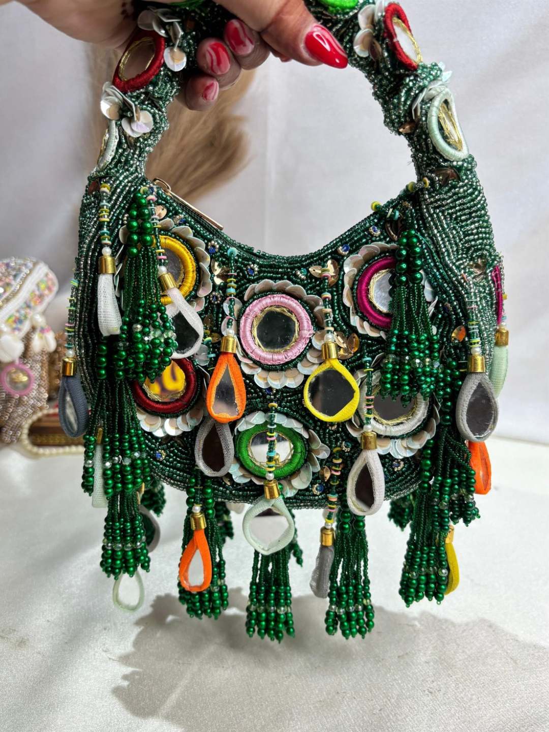 Ishhaara Green Pearl Blossom Delight Clutch Moon Bag