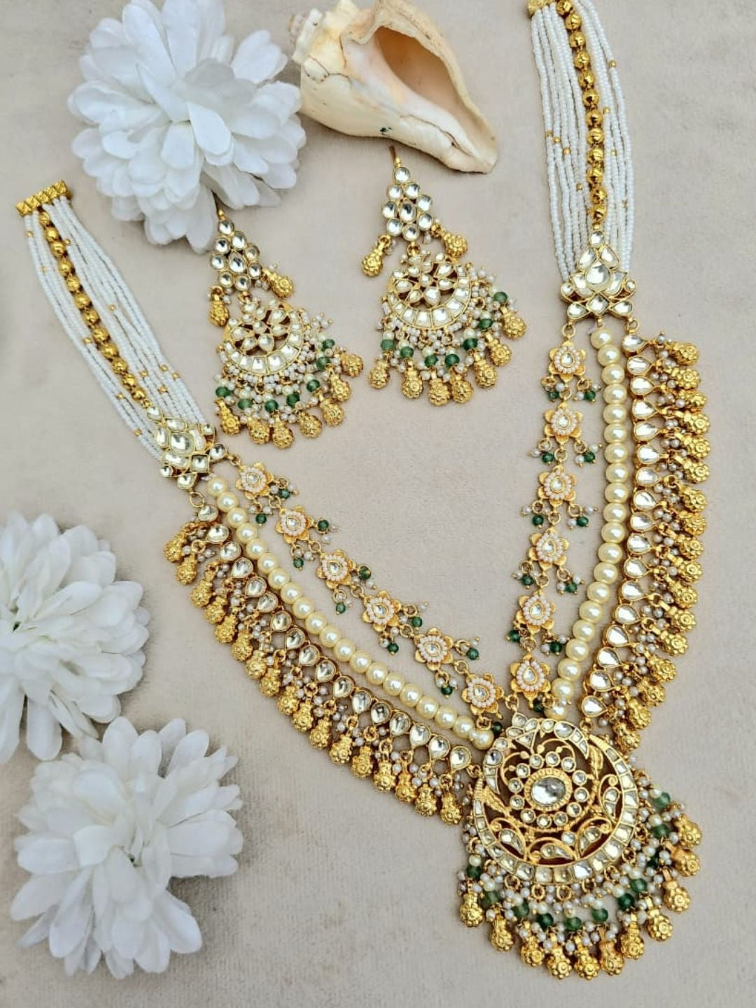 Ishhaara Green Pearl Bridal Long Necklace Set - handcrafted Indian jewellery