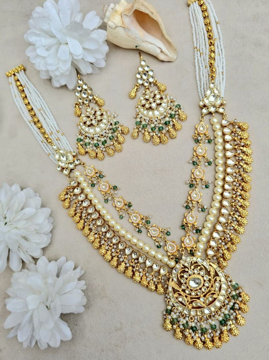 Ishhaara Green Pearl Bridal Long Necklace Set - handcrafted Indian jewellery