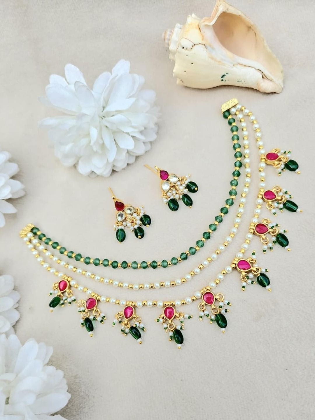 Ishhaara Green Pearl Kundan Choker Necklace Set - handcrafted Indian jewellery