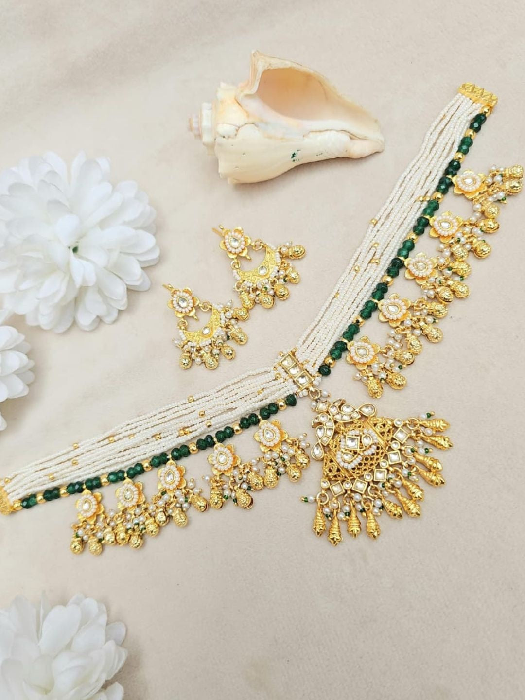 Ishhaara Green Pearl Long Necklace Set - handcrafted Indian jewellery