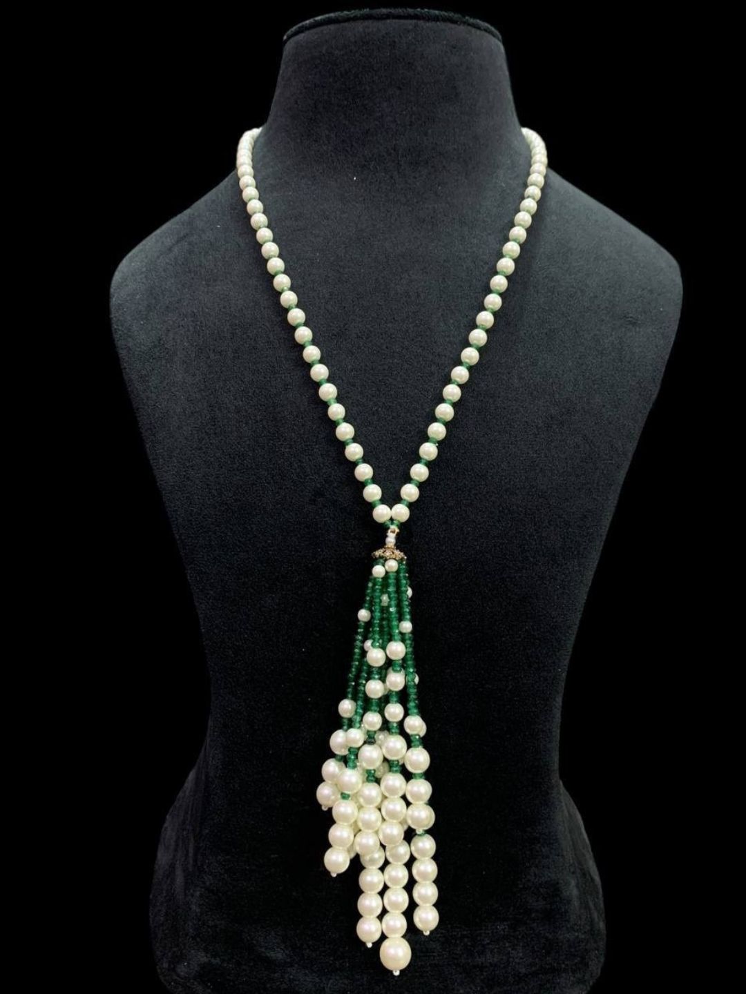 Ishhaara Green Pearl Studded Tassel Pendant