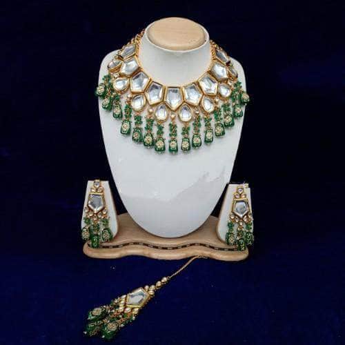 Ishhaara Green Pentagon Drop Tassel Necklace And Earring Set