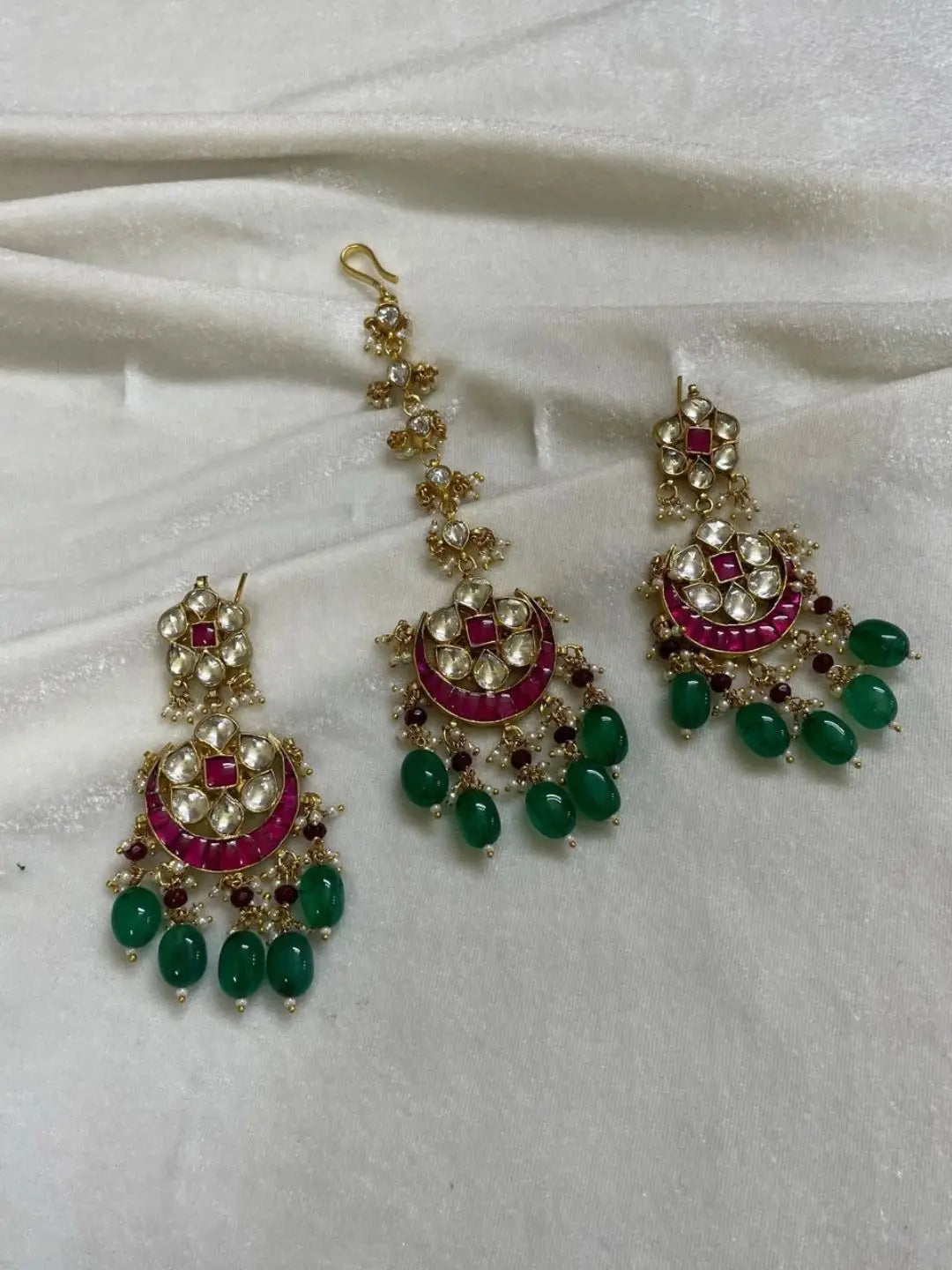 Ishhaara Green Pink Floral Beads Earring And Maangtikka