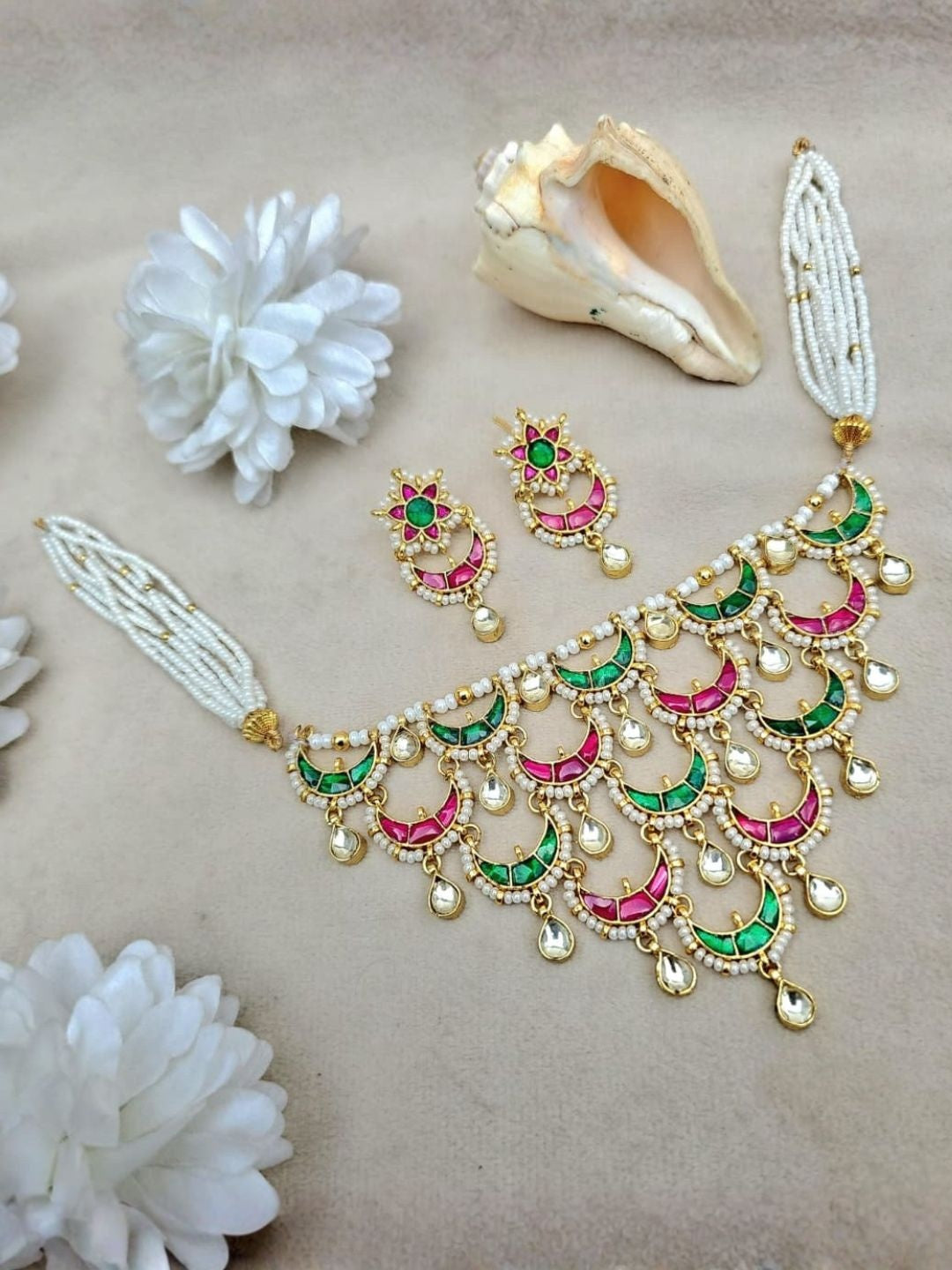 Ishhaara Green Pink Kundan Necklace Set - handcrafted Indian jewellery