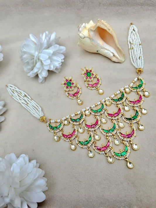 Ishhaara Green Pink Kundan Necklace Set - handcrafted Indian jewellery