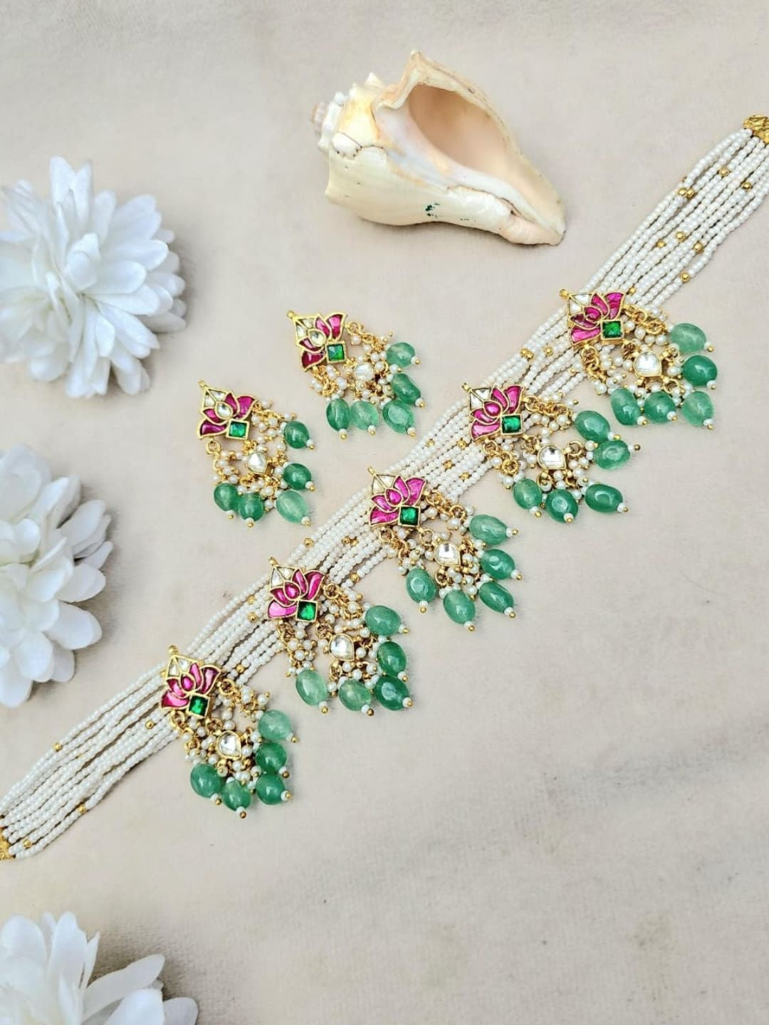 Ishhaara Green Pink Pearl Hathphool Bracelet - handcrafted Indian jewellery