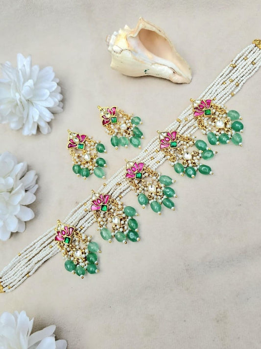Ishhaara Green Pink Pearl Hathphool Bracelet - handcrafted Indian jewellery