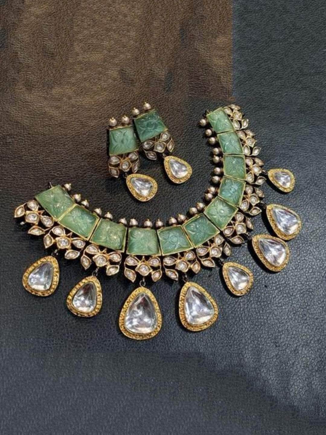 Ishhaara Green Polki Kundan Carved Stone Necklace Set