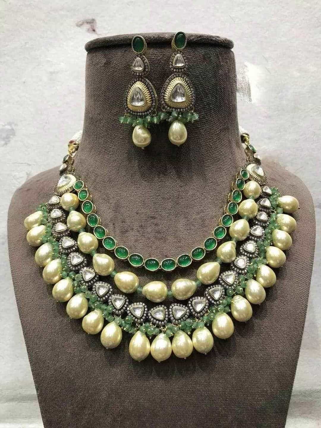 Ishhaara Green Polki Necklace With Beads