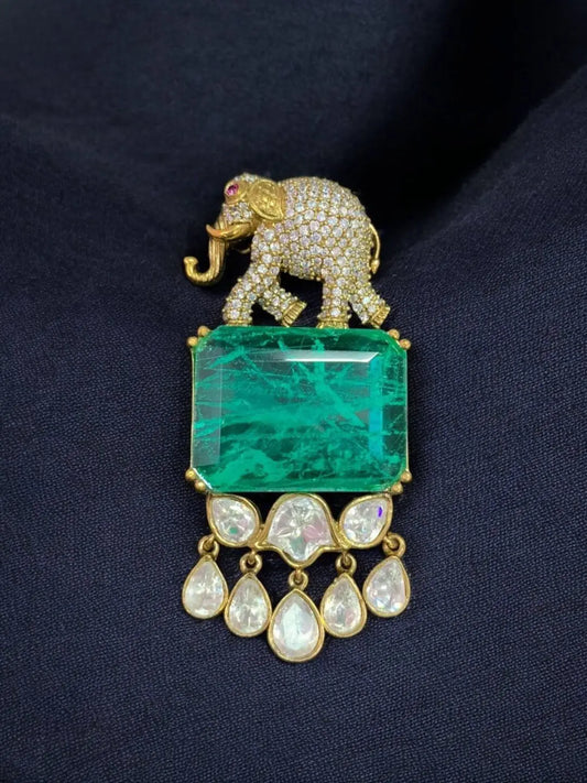 Ishhaara Green Polki Uncut Diamond Elephant Brooch
