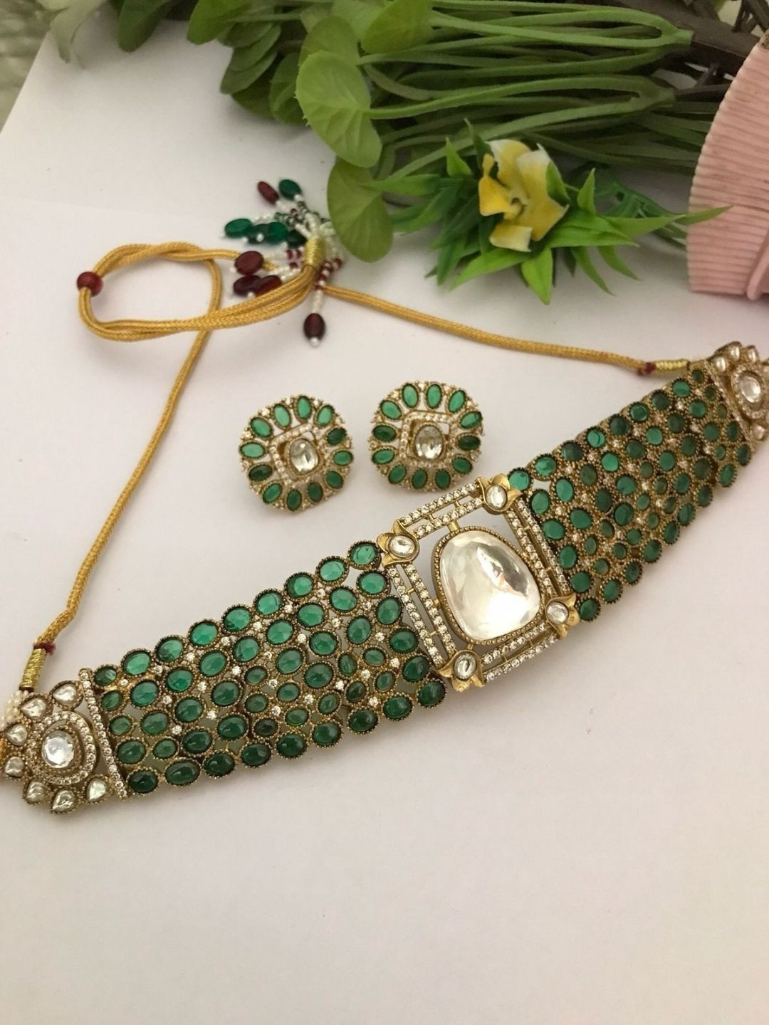 Ishhaara Green Precious Victorian Diamond High Neck Choker