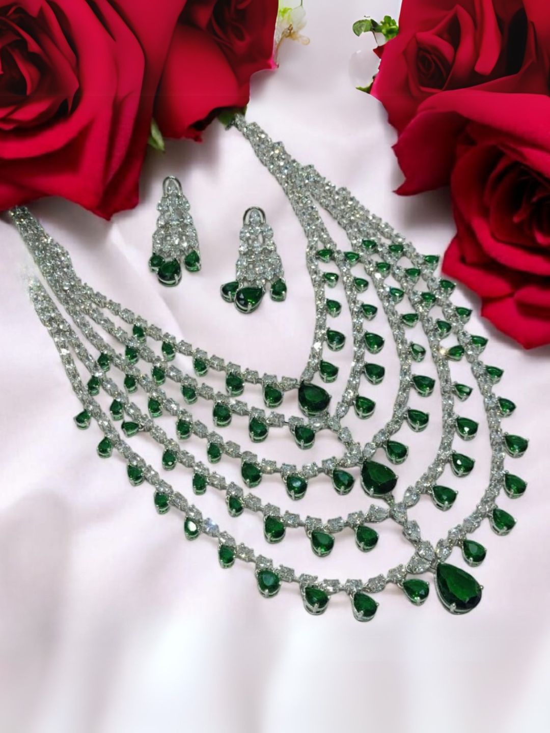 Ishhaara Green Premium Five Layered Long Bridal Necklace Set