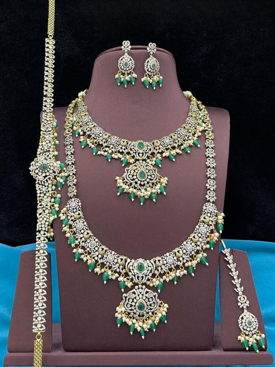 Ishhaara Green Premium Quality Ad Cz Stone Studded Victorian Bridal Set