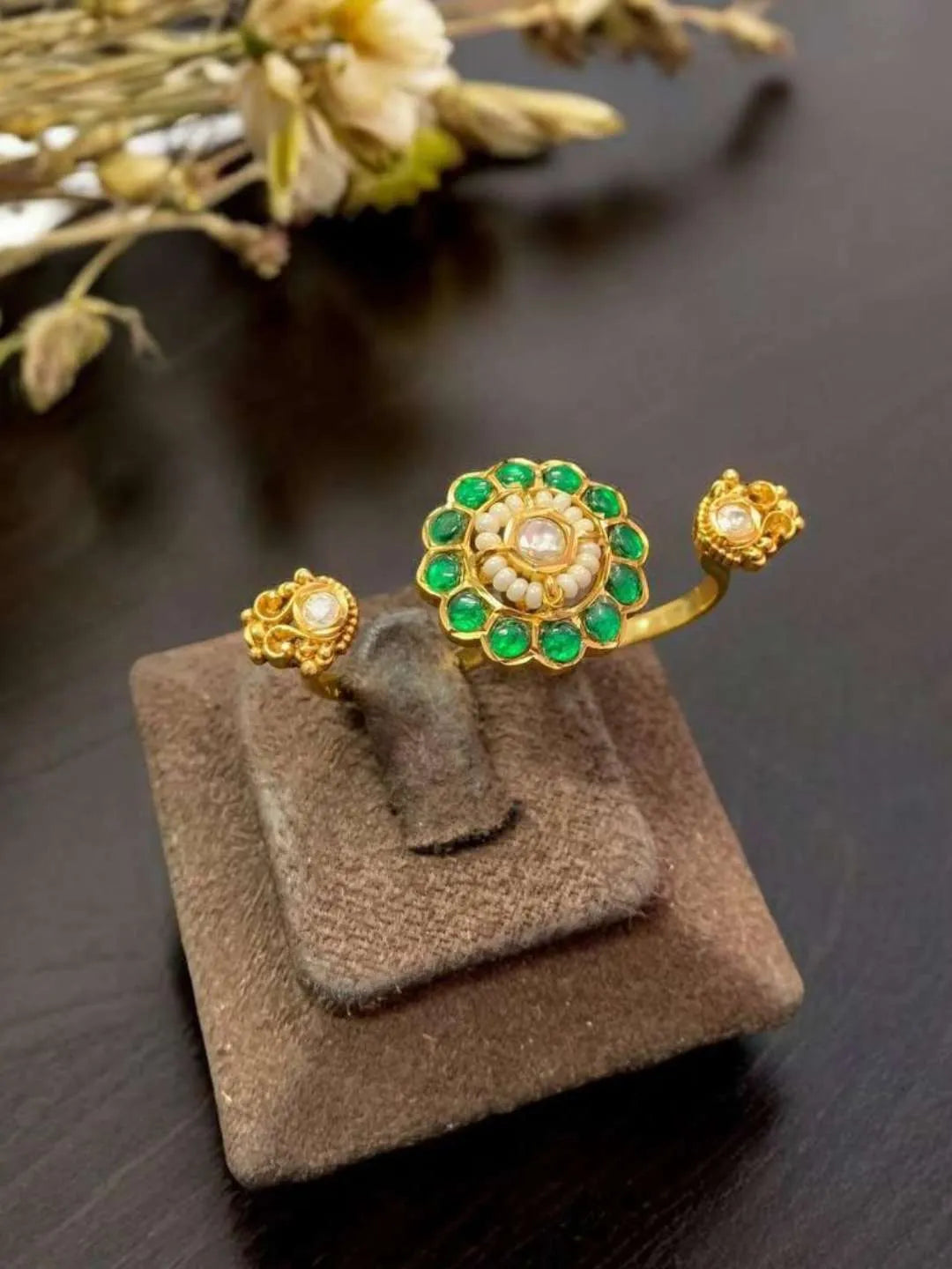 Ishhaara Green Rajwadi Gold Plated Antique Pearl Ring