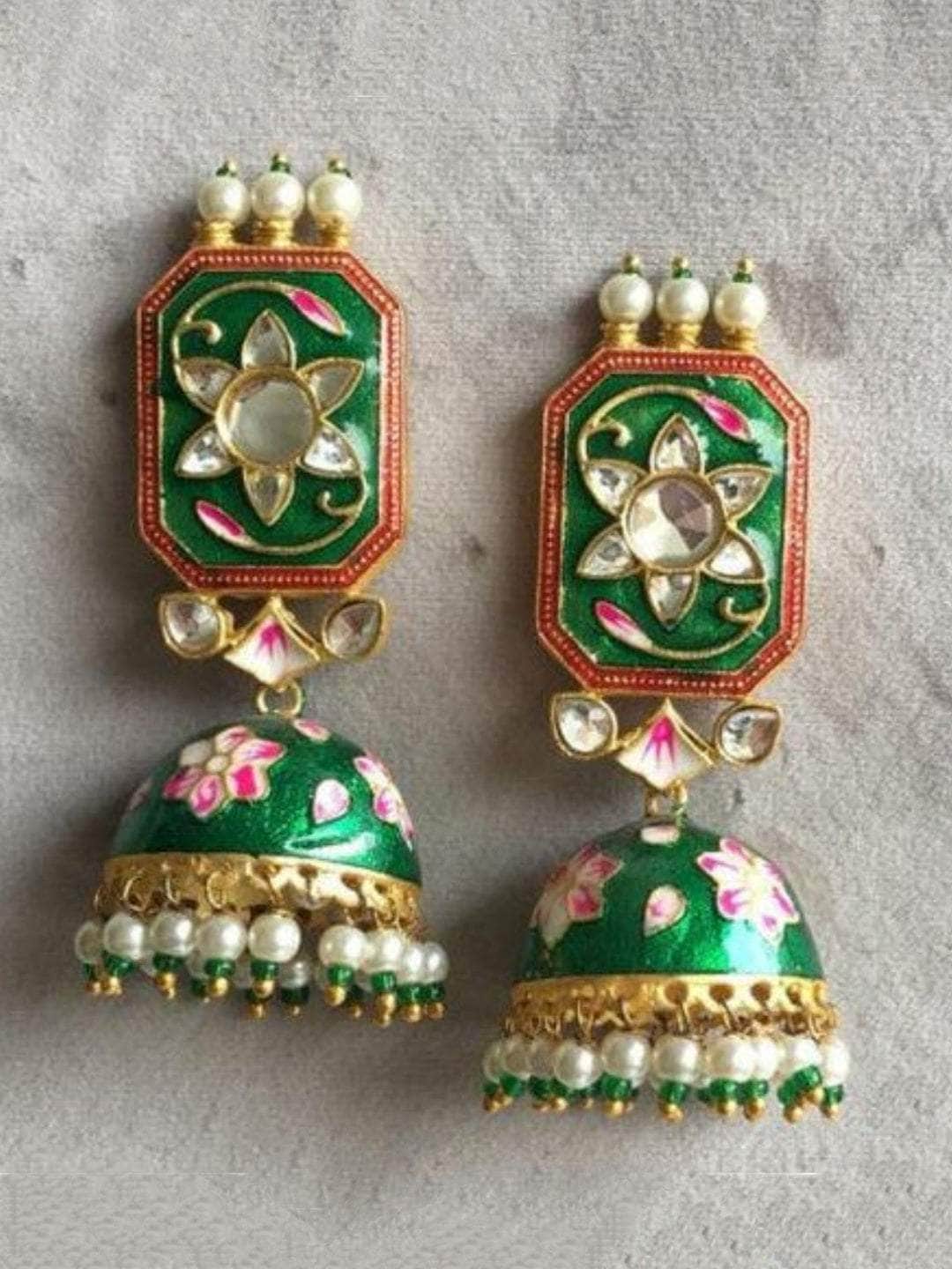 Ishhaara Green Rectangular Meena Jumki Earring