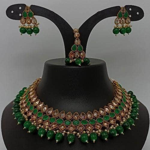 Ishhaara Green Reverse AD Colored Stone Choker Earring And Teeka Set