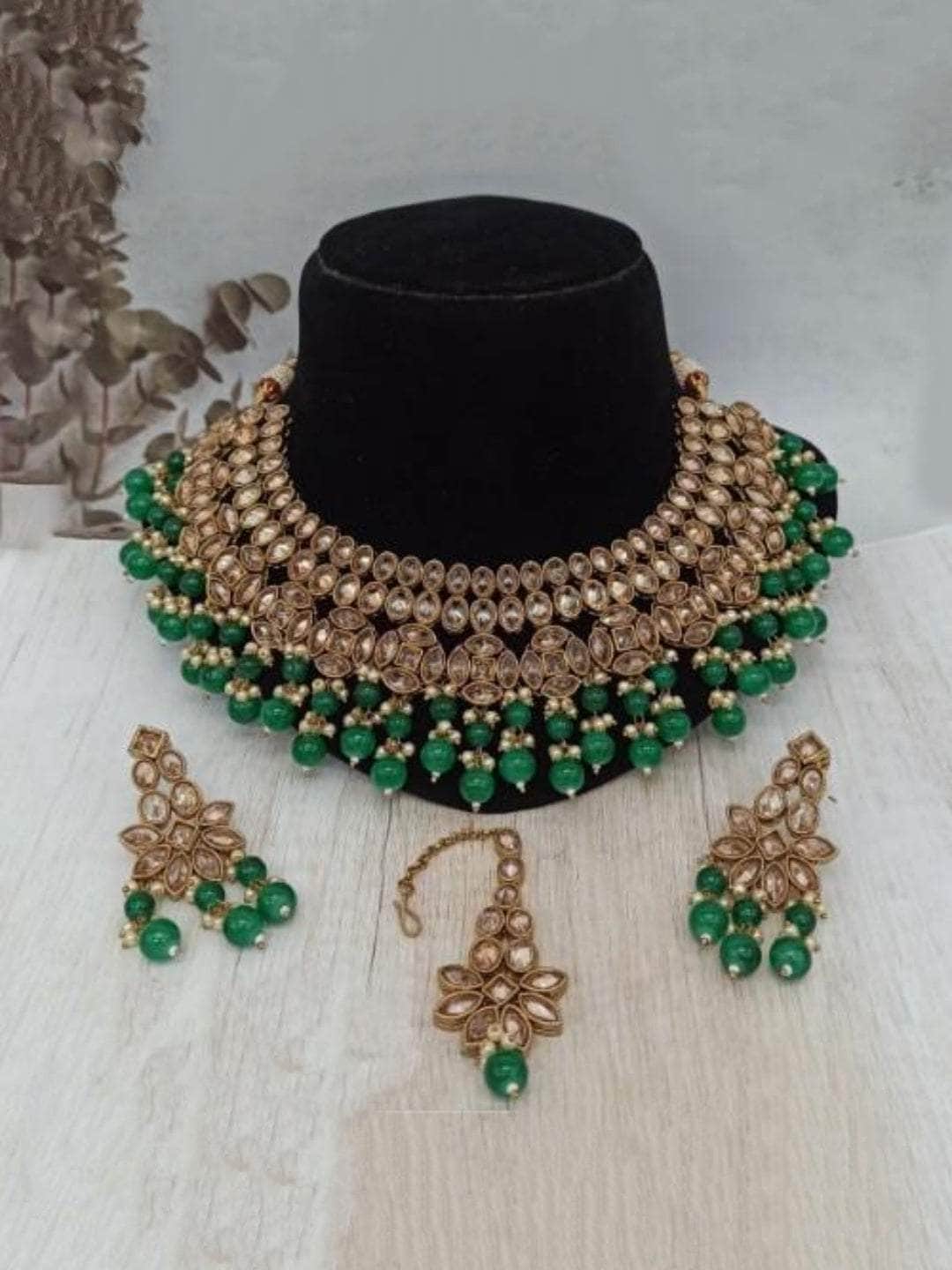 Ishhaara Green Reverse AD Pearls Necklace Earring And Teeka Set