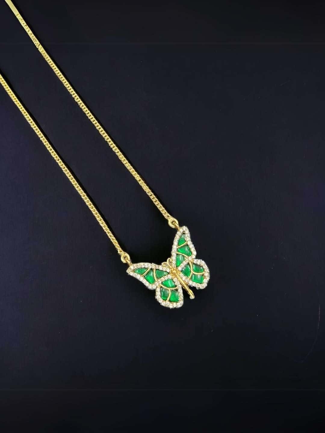 Ishhaara Green Rhinestone Embellished Butterfly Pendant Necklace