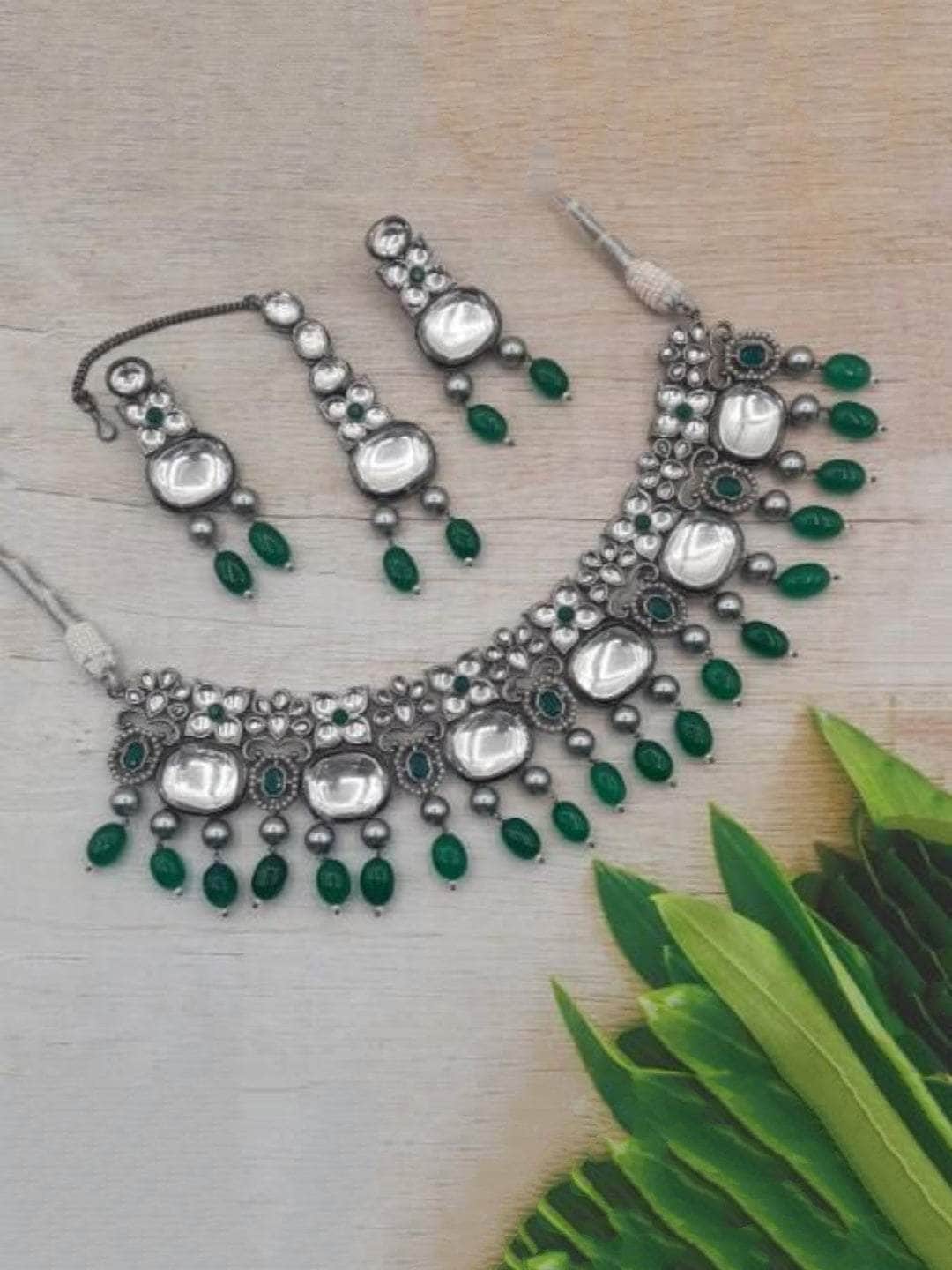 Ishhaara Green Rodium Big Kundan Leaf Necklace Earring And Teeka Set