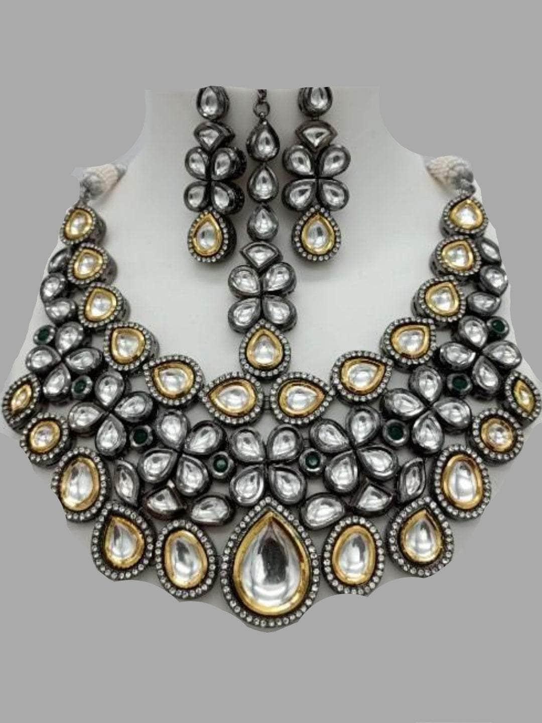 Ishhaara Rodium Gold Ad Kundan Necklace Teeka And Earring Set