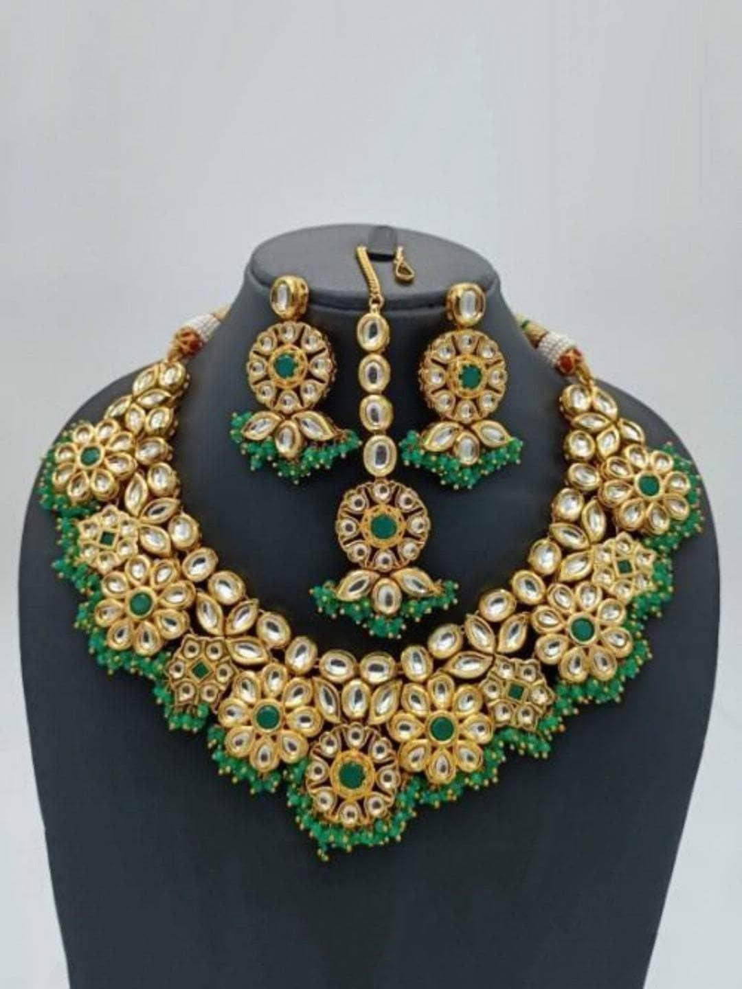 Ishhaara Round Flower Kundan Necklace Earring And Teeka Set